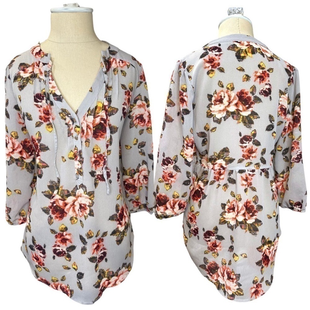 Princess Vera Wang Peasant Floral Argyle Sheer Boho Blouse Top Shirt Size Medium